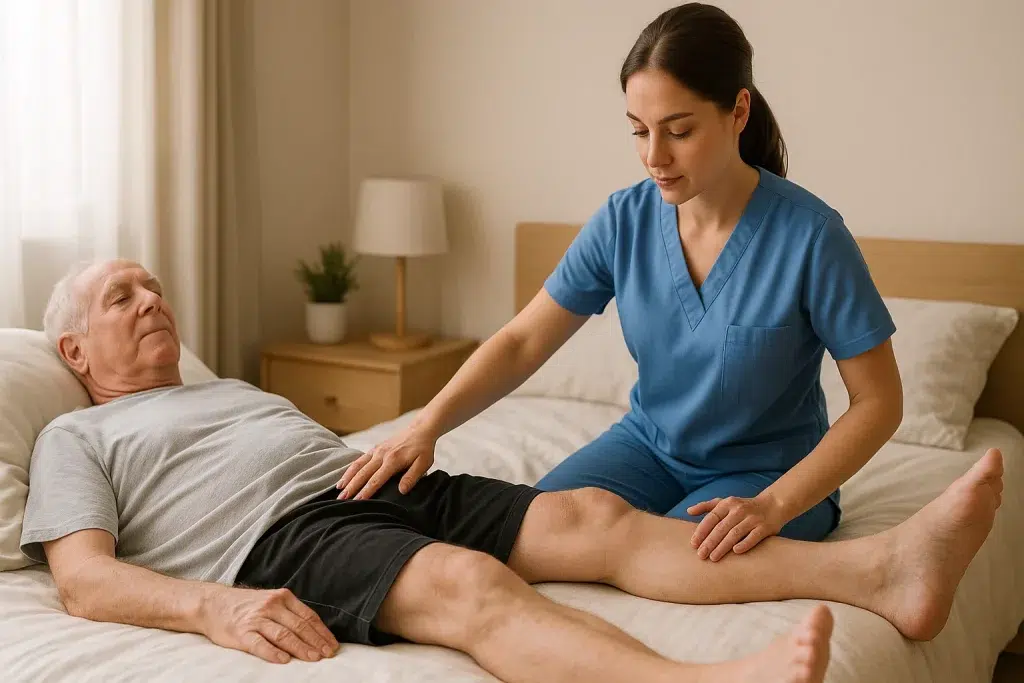 Paciente mayor en posición supina realizando ejercicio de abducción de cadera con asistencia fisioterapéutica.