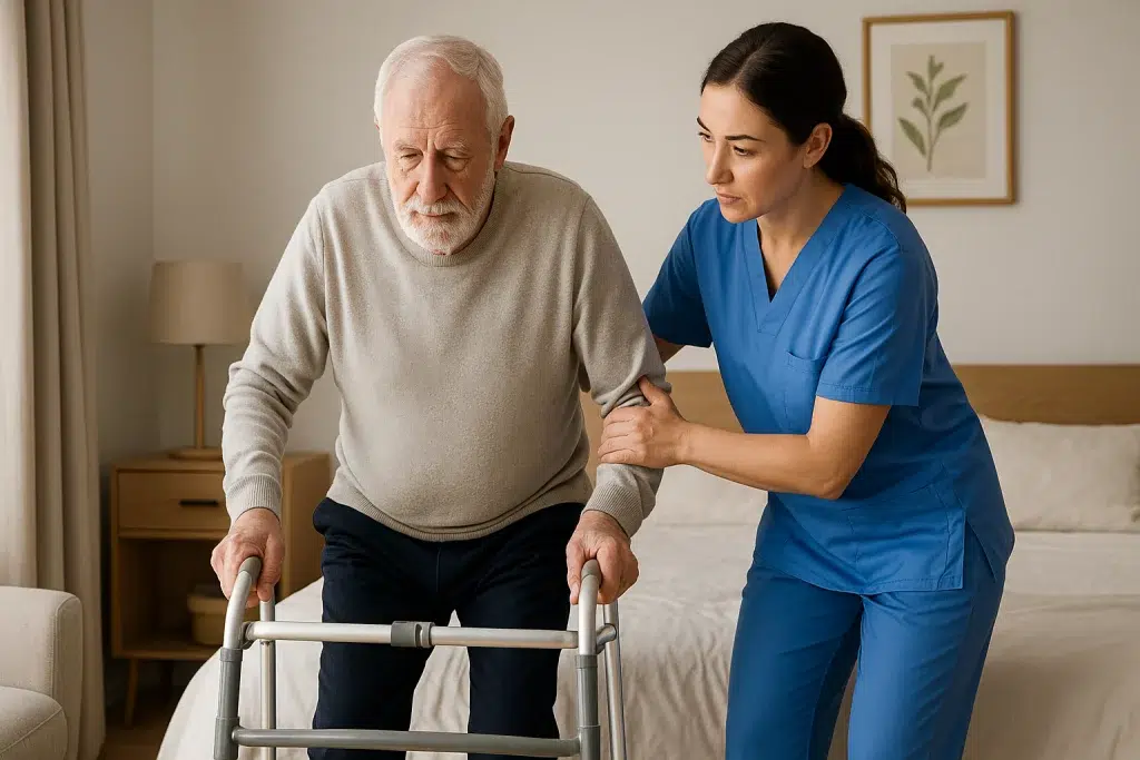 Adulto mayor realizando bipedestación asistida con andador durante la fase inicial de rehabilitación de cadera.