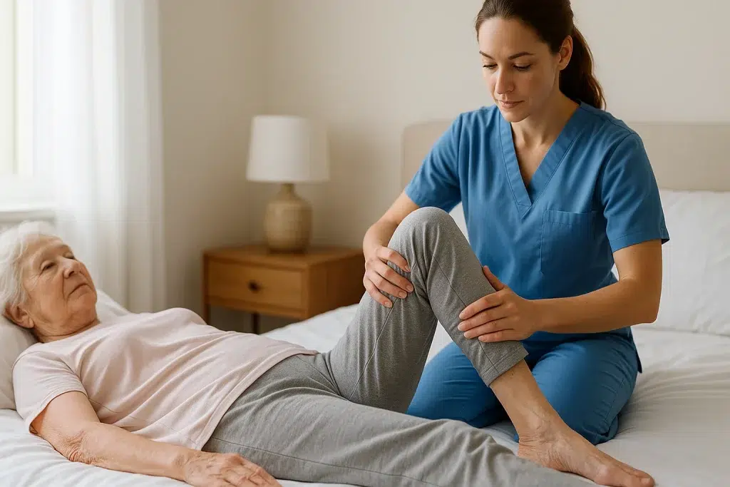 Mujer mayor tumbada realizando deslizamiento del talón para flexionar rodilla y cadera durante la fase 1 de rehabilitación.