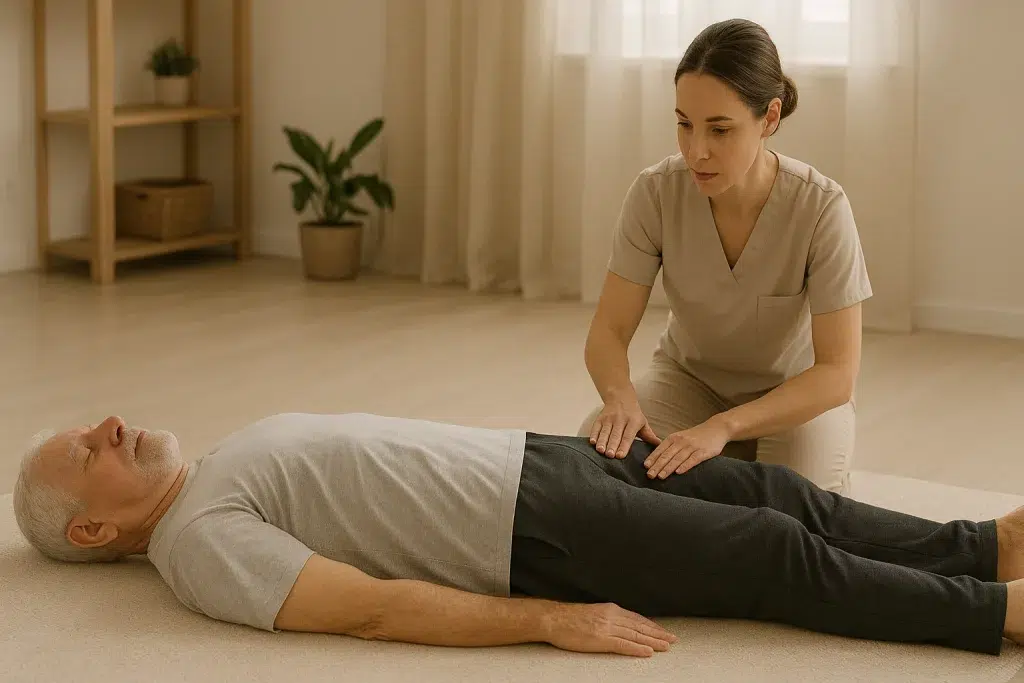 Persona mayor realizando contracción isométrica de glúteos supervisada por fisioterapeuta a domicilio.