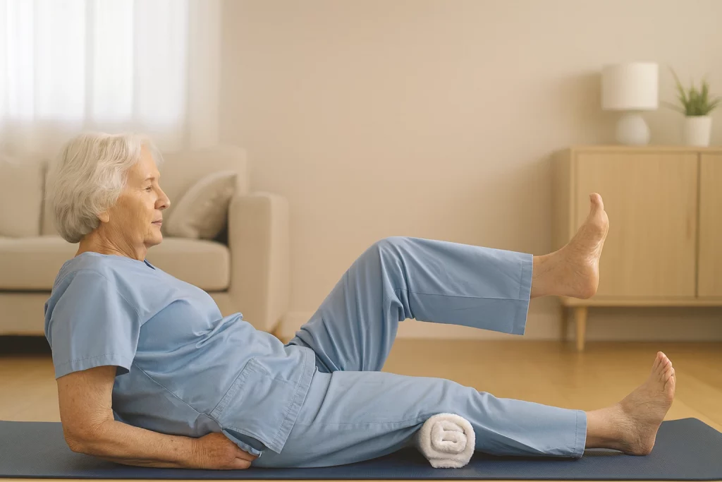 Adulto mayor realizando ejercicio isométrico de cuádriceps tras prótesis de cadera con ayuda de fisioterapeuta en casa.