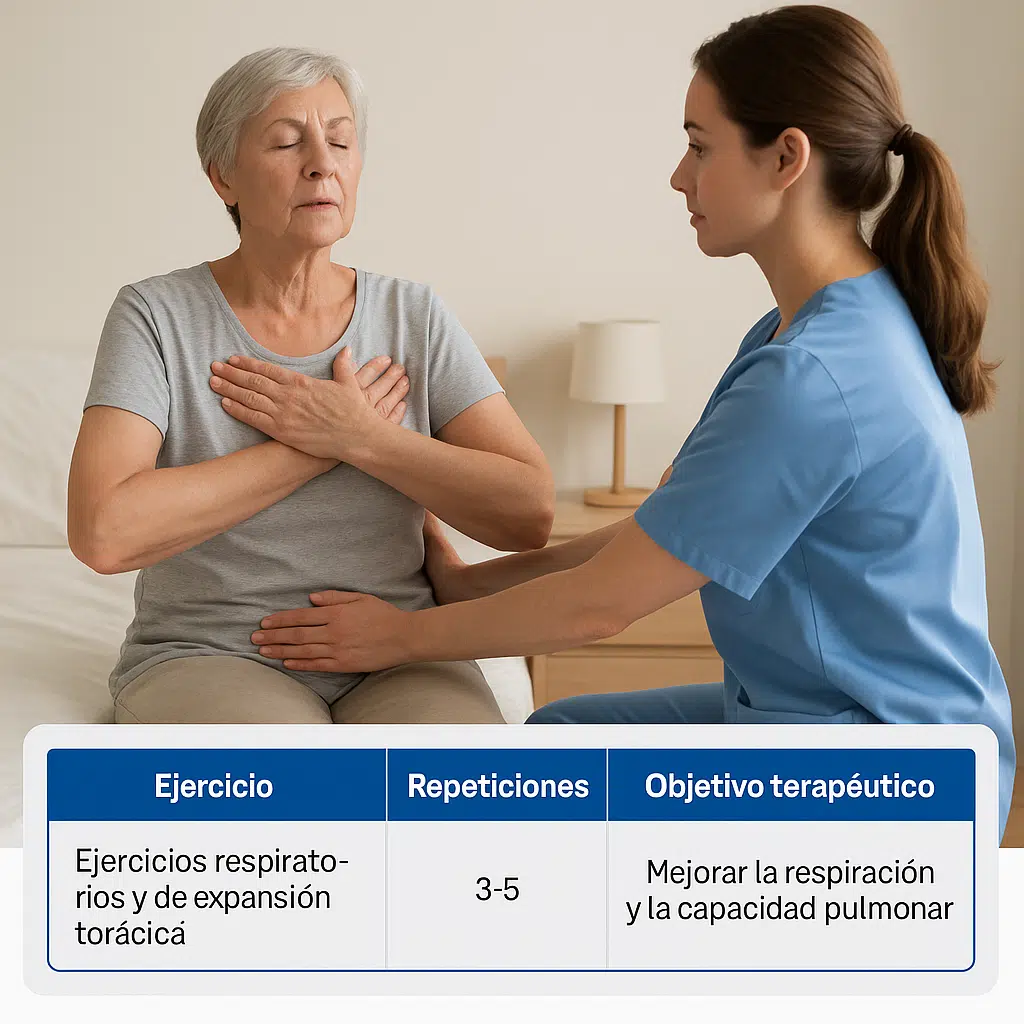 Paciente mayor sentado realizando ejrcicios respiratorios y expansión torácica guiado por fisioterapeuta a domicilio.