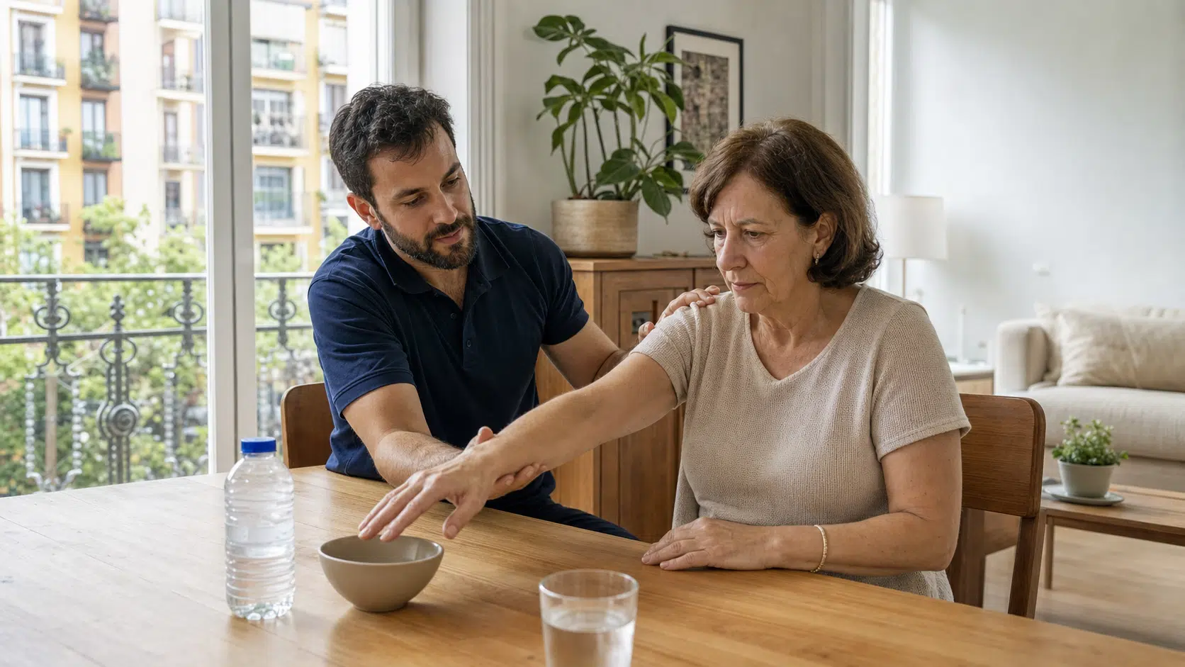 Fisioterapeuta guía una tarea funcional con el brazo durante la rehabilitación después de un ictus en casa